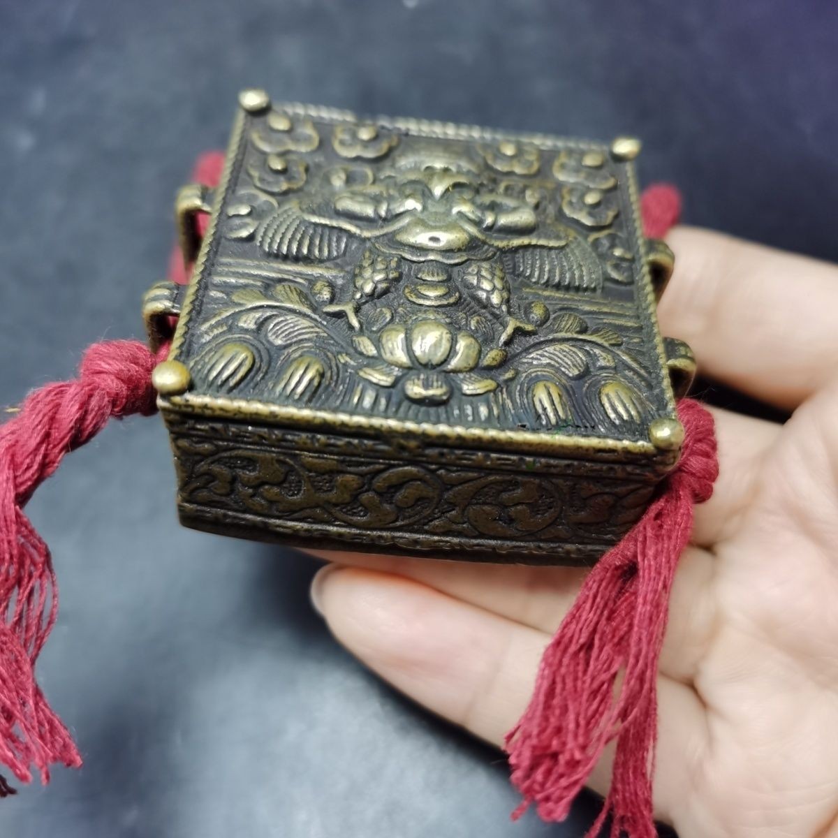 Vintage Tibetan Brass Gau Box Garuda Double Vajra Amulet 5.8×2.2cm