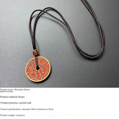Old Bronze Amulet Pendant Taoist Knot Peace Pendant Cinnabar Necklace
