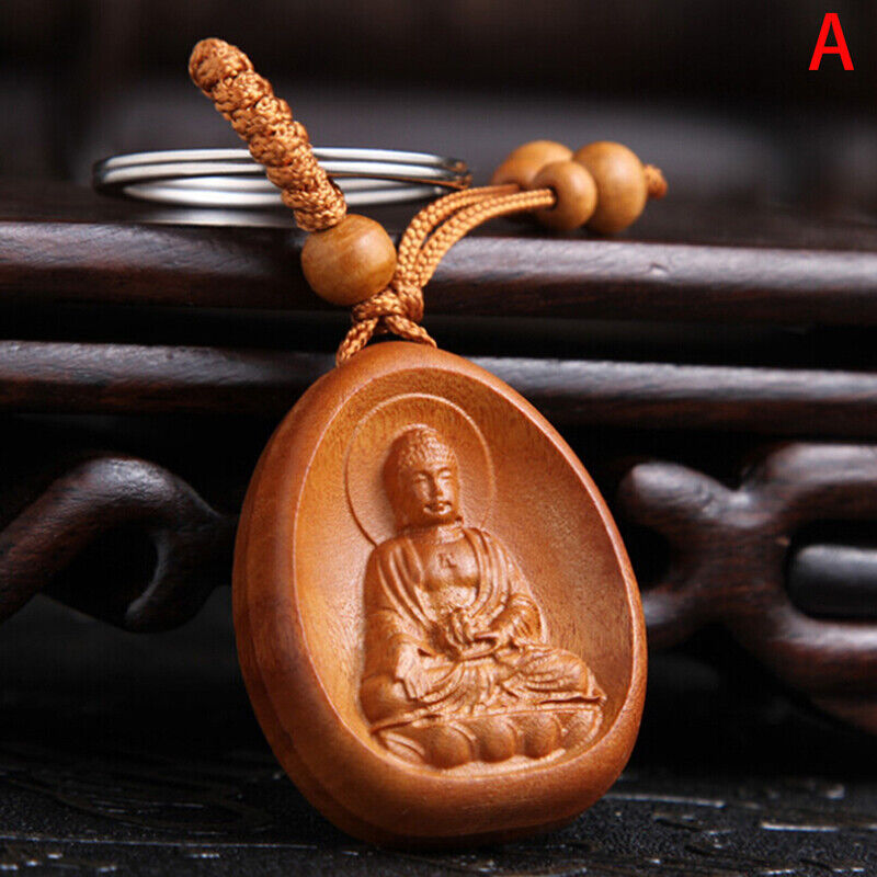 Lucky Jewelry Wood Carving Buckle Buddha Pendant Keychain Car Bag Keyrinzo