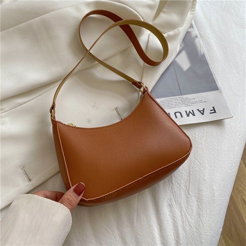 Fashion Handbag Retro Solid Color Leather Shoulder Underarm Bag Casual Handbags