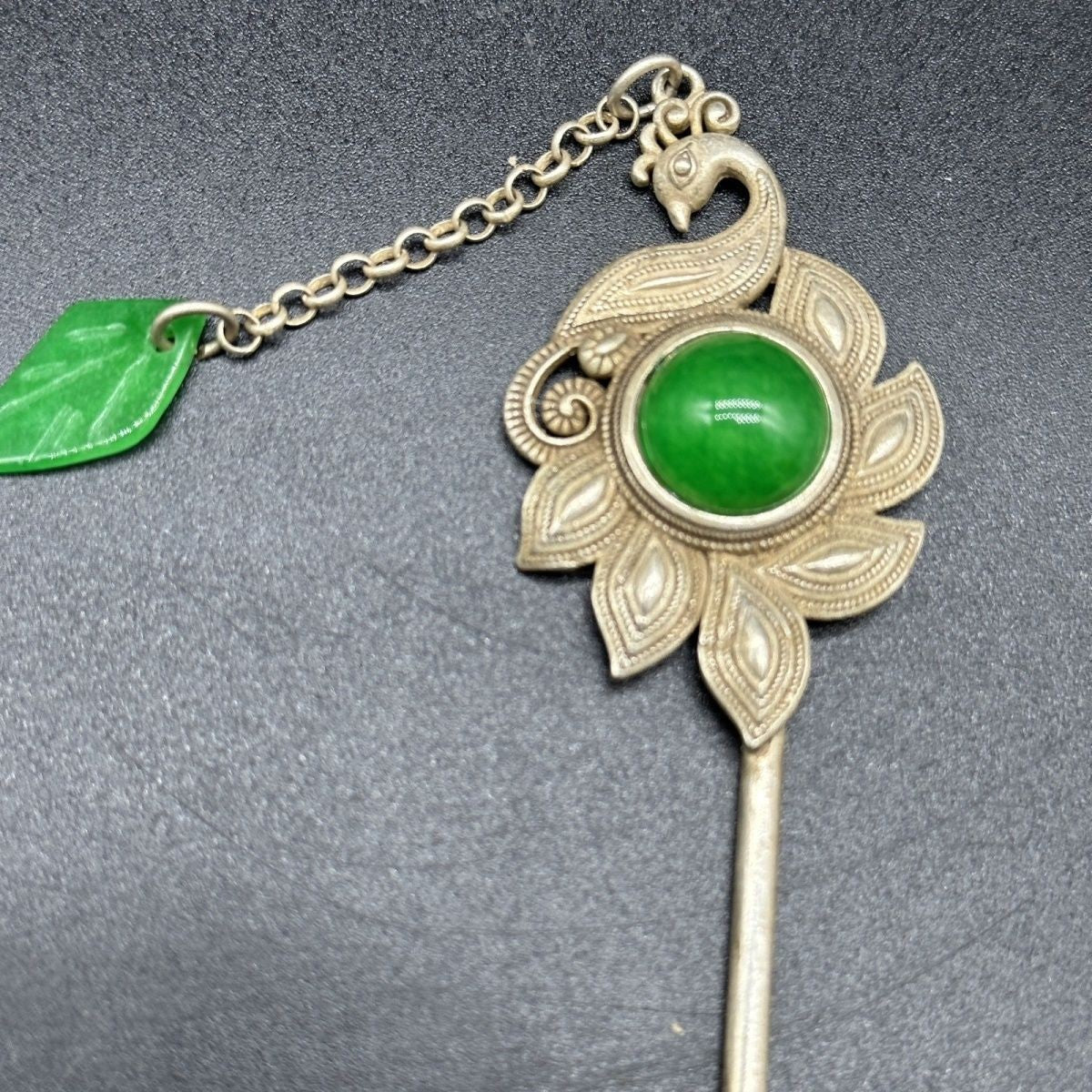 Miaosilver Peacock Hairpin Vintage Silver-Plated Green Bead Inlay Hair Stick