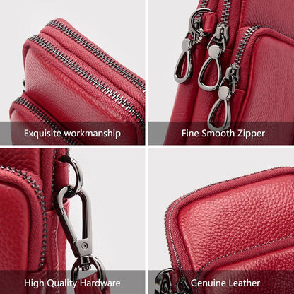 Leather Mobile Phone Bag Multi Zippers Adjustable Strap Shoulder Crossbody Bag