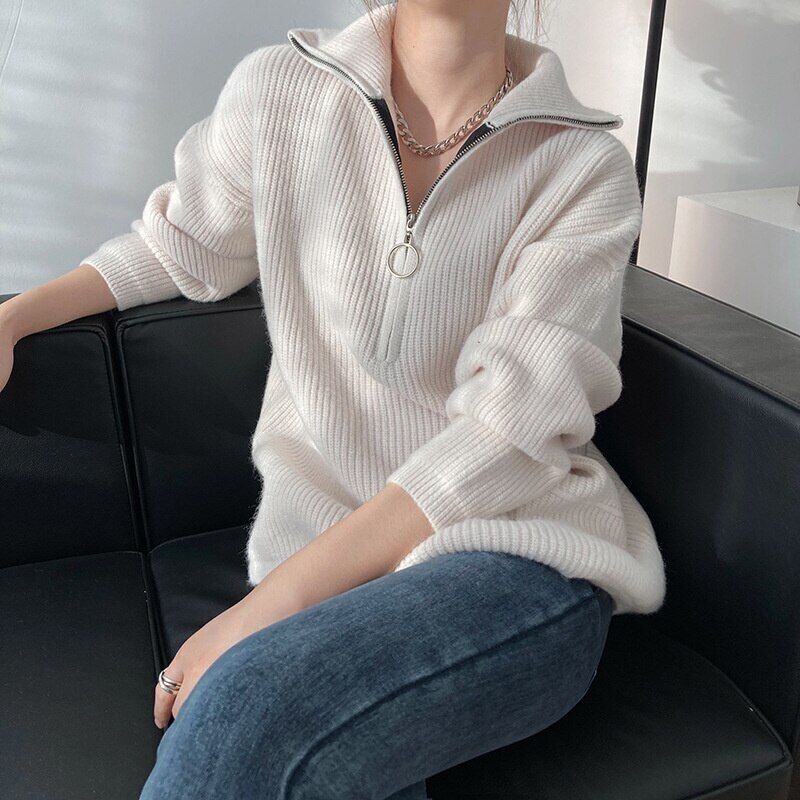Women's Turtleneck Zipper Sweater Gray White Black High Neck Jumper