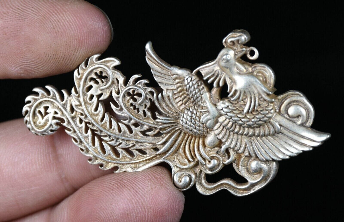 6.5CM Old Chinese Miao Silver Feng Shui Phoenix God Bird Luck Amulet Pendant