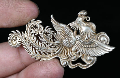 6.5CM Old Chinese Miao Silver Feng Shui Phoenix God Bird Luck Amulet Pendant