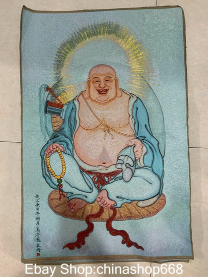 36" Old Chinese Embroidery Silk Cloth Happy Laugh Maitreya Buddha Thangka