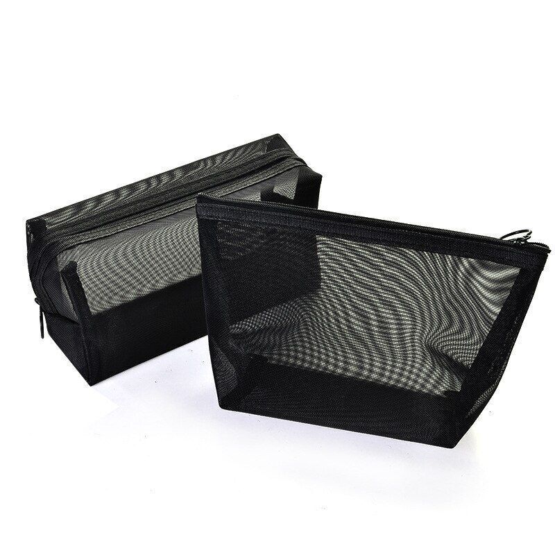 Zipper Make Up Toiletry Wash Bag Travel Black Mesh Cosmetic Bag Transparent Case