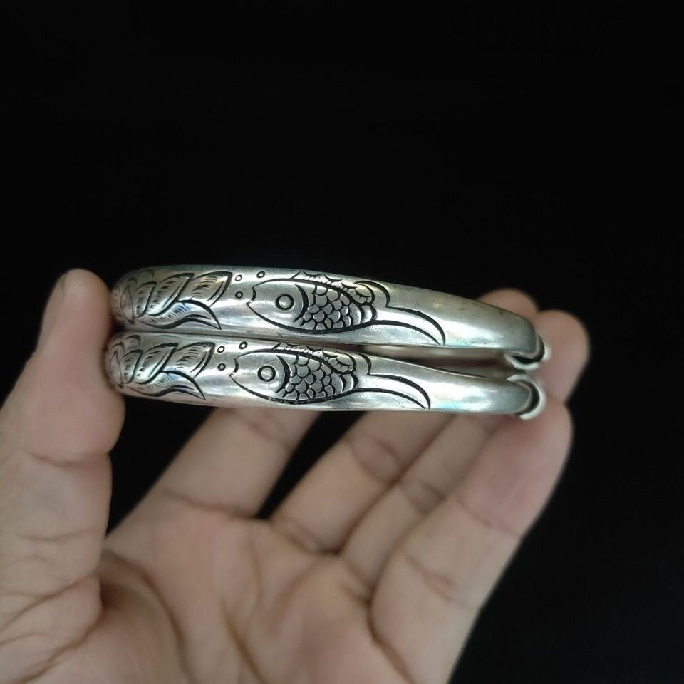 Vintage Tibetan Silver Bangle Pair 75.6g Fish Carved Adjustable Plated Silver