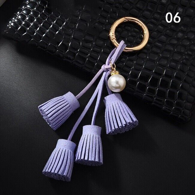 Women Leather Tassel Key Chain Charm Purse Key Fob Ring Handbag Pendant Ornament