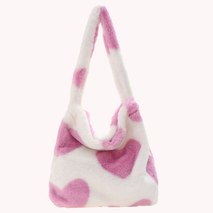 Cow Print Underarm Bag Soft Plush Pink Small Fluffy Shoulder Purse 25*17*7 CM