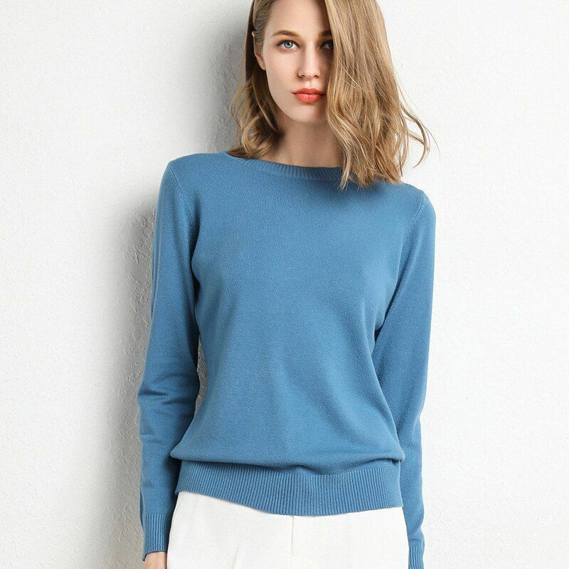 Women Sweater Clothes Solid Round Neck Jumper Long-sleeved Knitted Pullovers