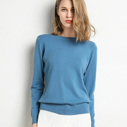 Women Sweater Clothes Solid Round Neck Jumper Long-sleeved Knitted Pullovers