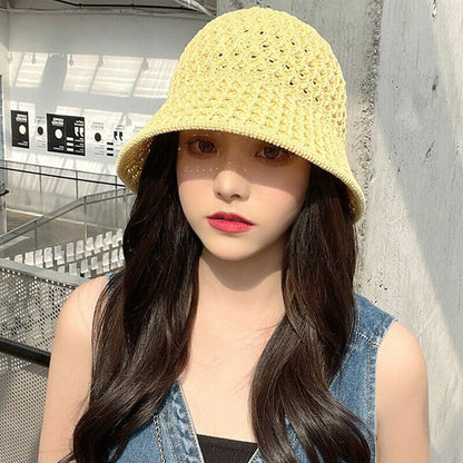 Women Ladies Summer Sun Beach Straw Hat Floppy Wide Brim Foldable Cap Bucket Hat