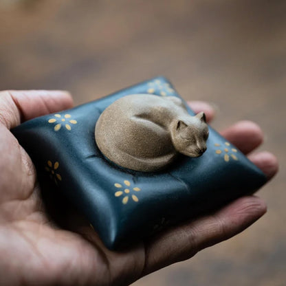 Handmade Pillow Sleeping Cat Purple Clay Tea Pet 7.7cm Desktop Decor Tea Play
