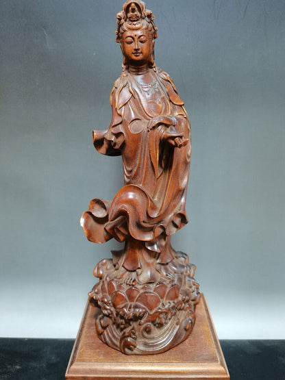 China Antique Decor Wooden Kwan Yin Statue Carved Boxwood Figures Sculpture Art