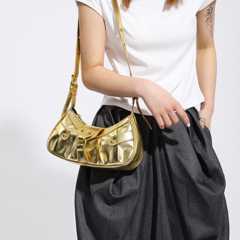 Leather Shoulder Bag Silver Pleated Rivets Handbags Crossbody Bags 26*14*6 CM