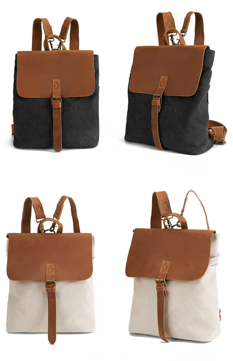 Convertible Canvas Real Leather Backpack Rucksack Daypack Satchel Shoulder Bag