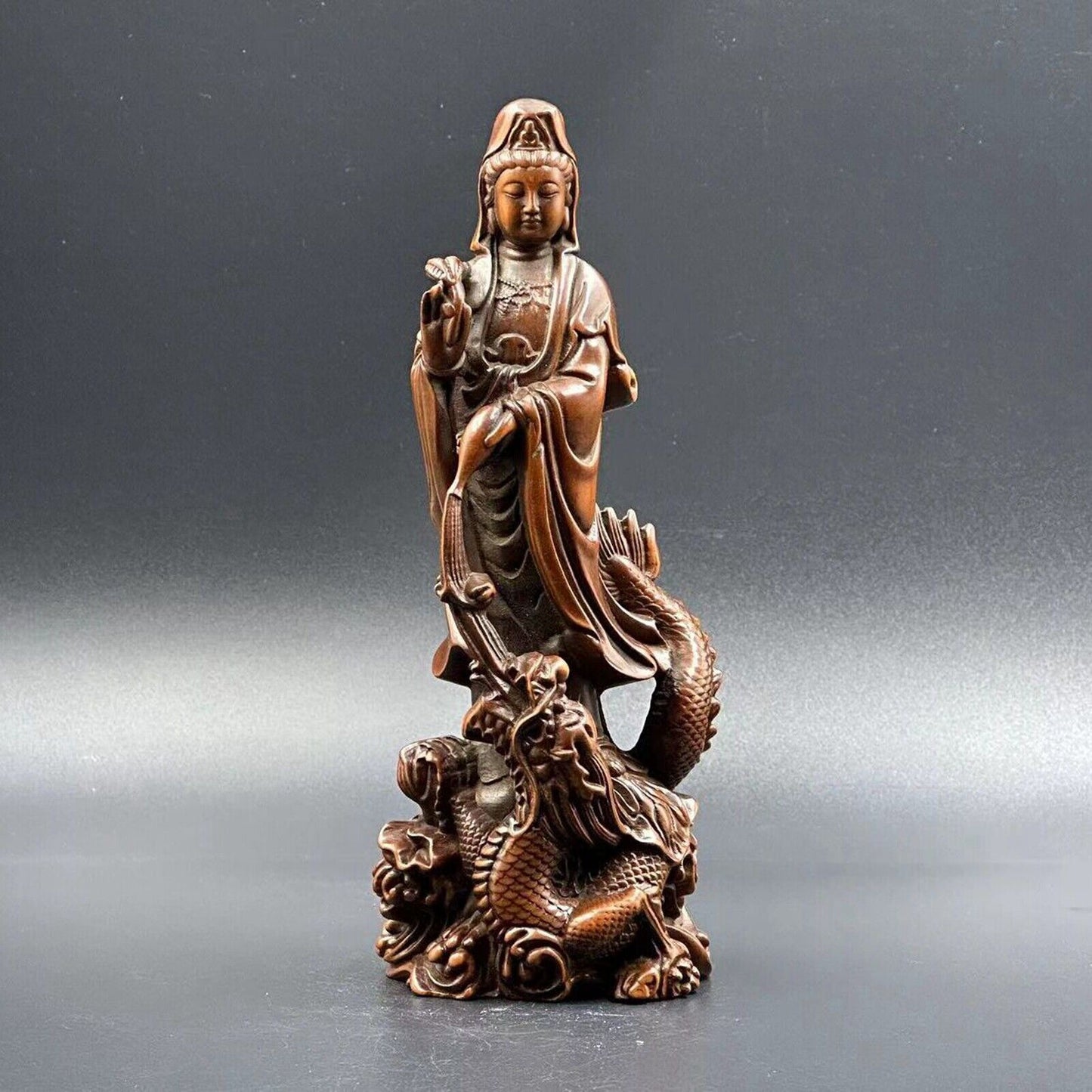 Chinese Boxwood Carving Dragon Kwan Yin Statue Sculptures Home Livingroom Decor
