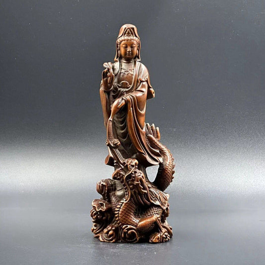 Chinese Boxwood Carving Dragon Kwan Yin Statue Sculptures Home Livingroom Decor