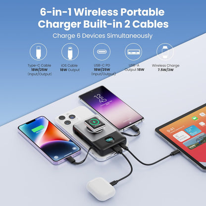 6 in 1 Magnetic Portable Charger for Iphone with Built-In Cables, 10800Mah 25W P