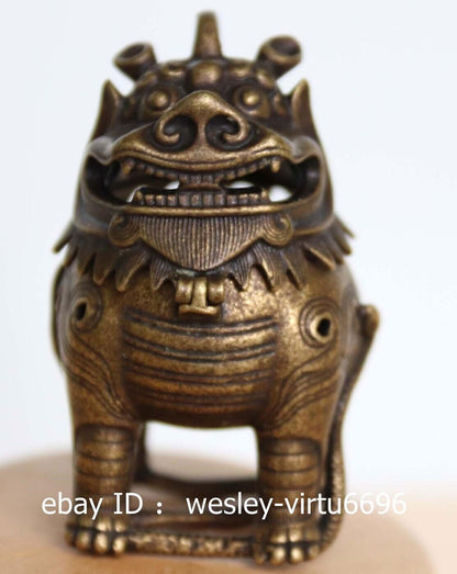 Old Copper Bronze Fu Foo Dog Lion Incense Burner Statue