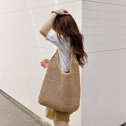 Womens Woven Straw Shoulder Bag Large Summer Beach Bag Handbag Tote with Zipper