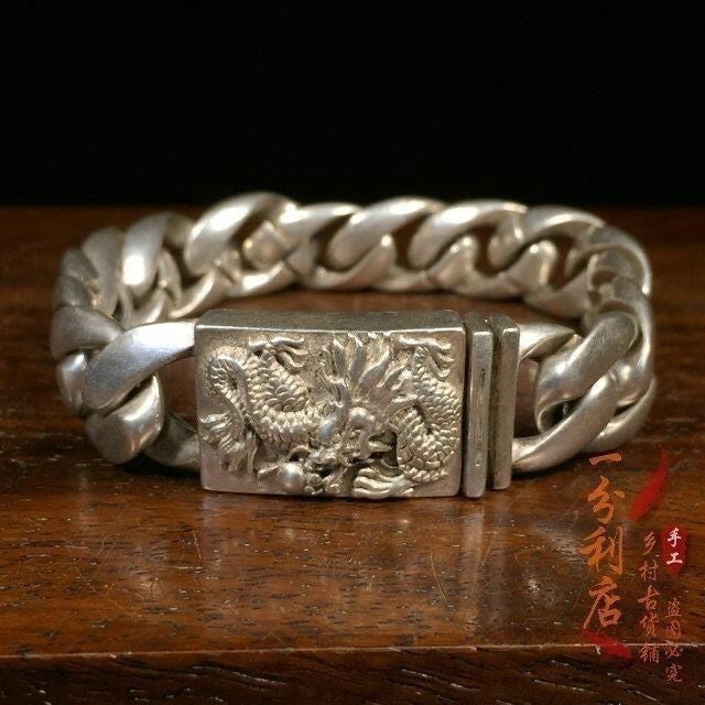 Vintage Silver Plated Dragon Bracelet Men Retro Luck Bangle Jewelry Collectible