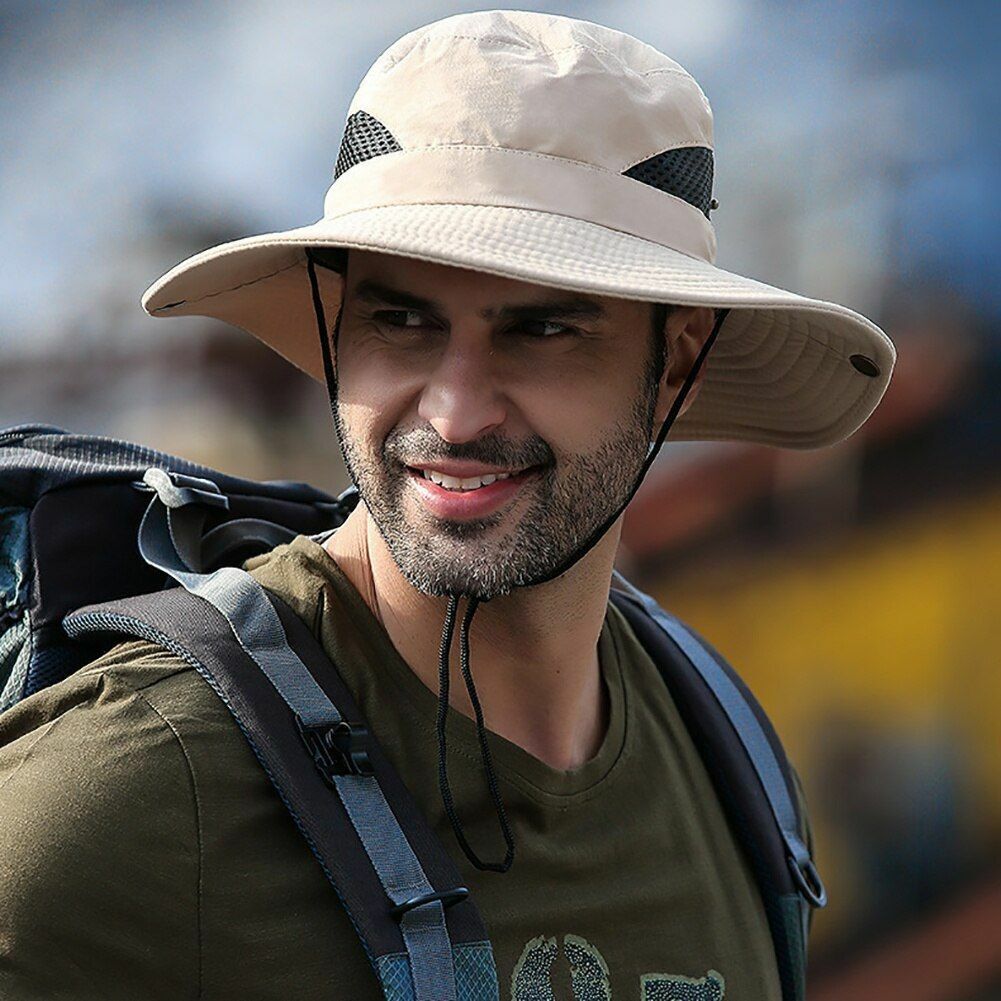 Outdoor Hat Fishing Hiking Cap Wide Brim Anti-UV Beach Sunshade Bucket Hat Blue