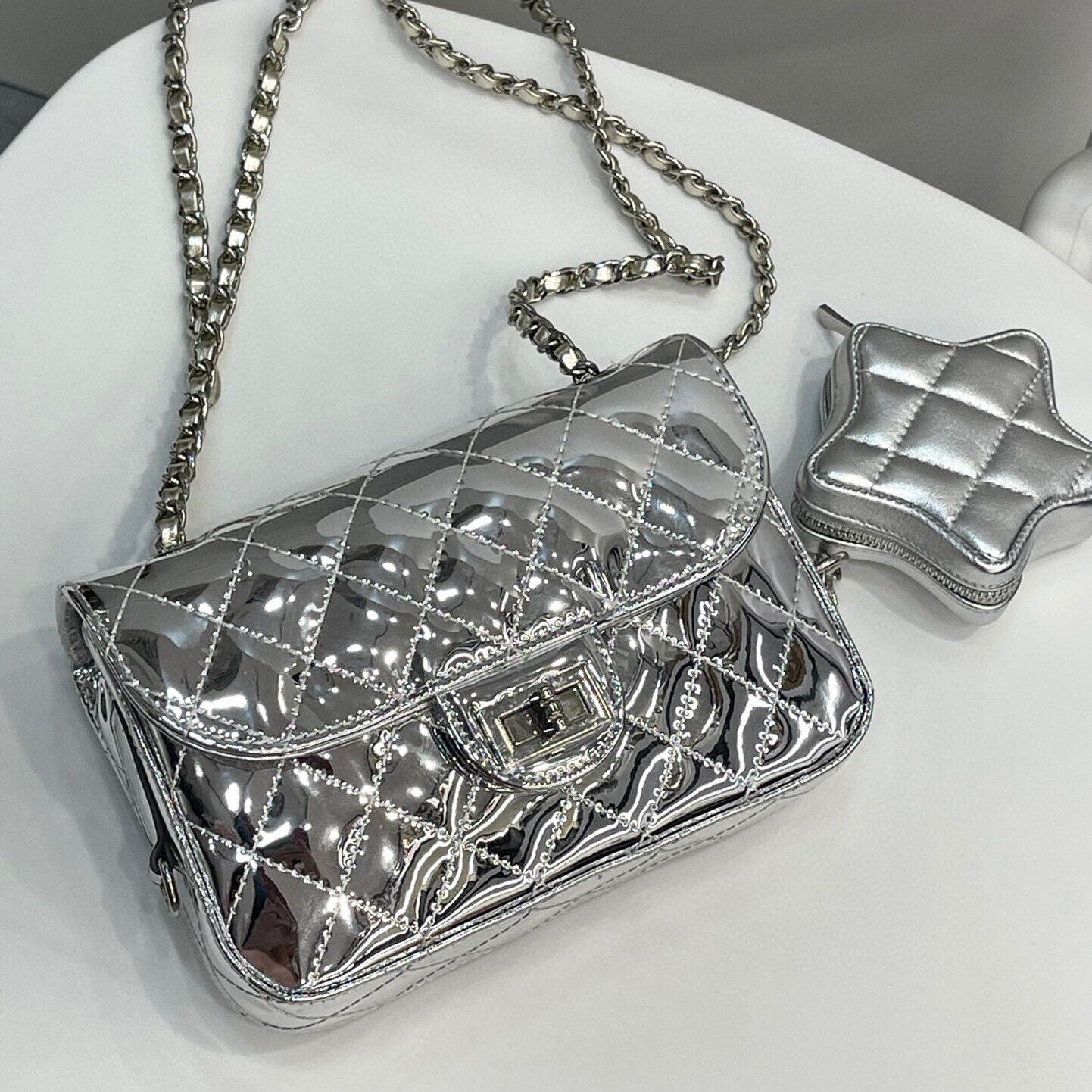 Quilted Patent Leather Small Flap Purse w/ Chain & Star Shoulder Bag Fashion