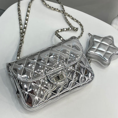 Quilted Patent Leather Small Flap Purse w/ Chain & Star Shoulder Bag Fashion