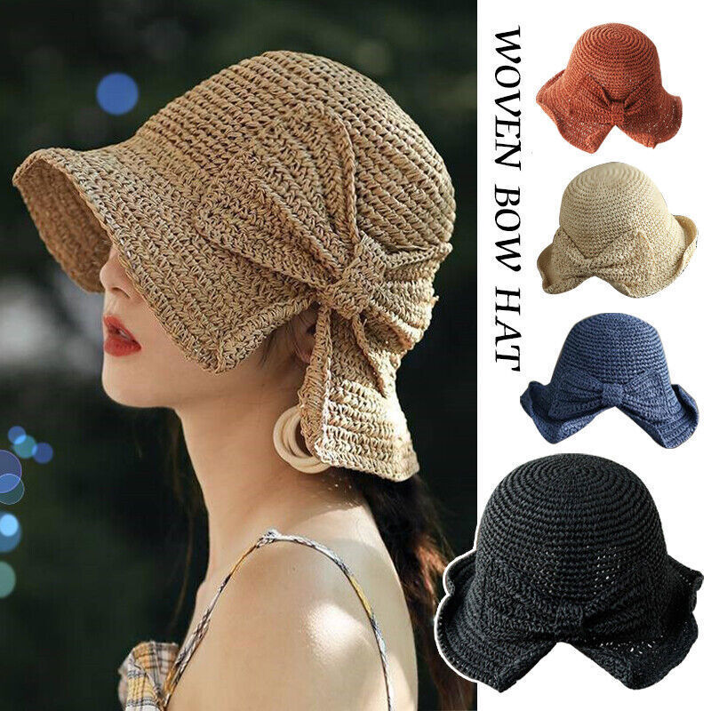 Women Vintage Fashion Folding Straw Bucket Hat Braid Summer Beach Sun Hat w/ Bow