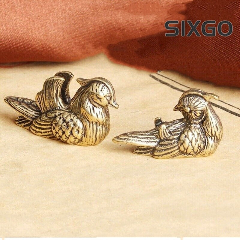 1 Pair Small Brass Mandarin Ducks Statue Feng Shui Love Figurine Decor