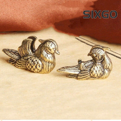1 Pair Small Brass Mandarin Ducks Statue Feng Shui Love Figurine Decor