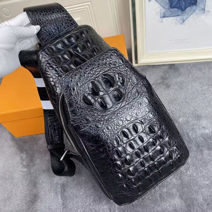 Original Crocodile Skin Leather Crossbody Bag, Men's Luxury Black Sling Backpack