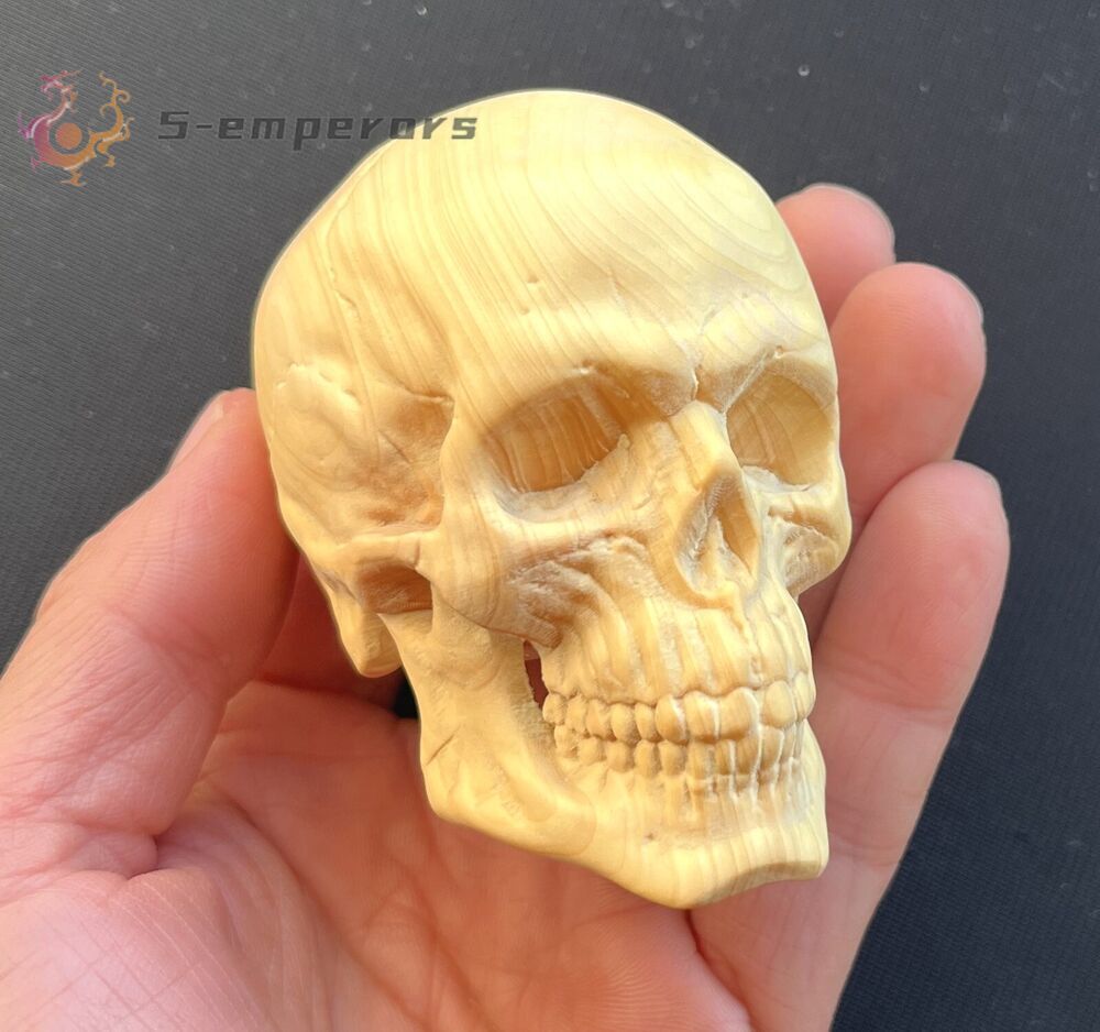 Boxwood Carved Skull Statue Hand Carving Wood Art Sculpture Decor