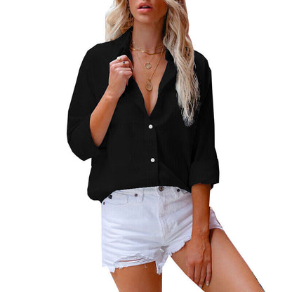 Womens Baggy Cotton Linen Shirts Button Up V Neck Tops Ladies Long Sleeve Blouse