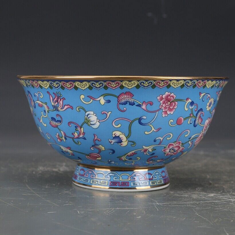 Old Chinese Exquisite Flowers Blue Bowls Porcelain Color Hand Painted Tangled
