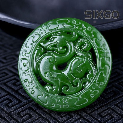 Hetian Jade Dragon Pendant Carved Green Jade Double-Sided Amulet for Wealth