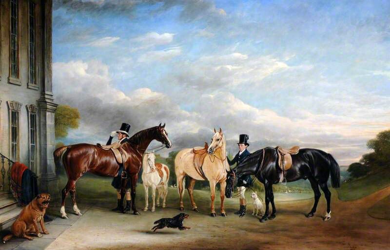 Oil painting John-E-Ferneley-I-Grooms-and-Horses-in-front-of-Calke-Abbey horses