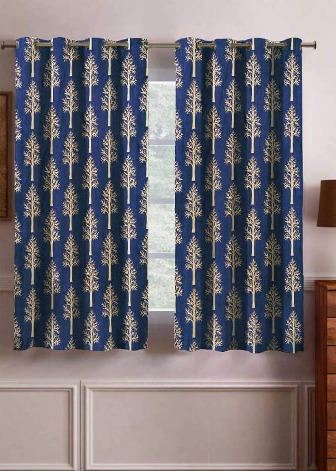 New 2 Pieces Printed Window Curtain Set 5 Feet Blue