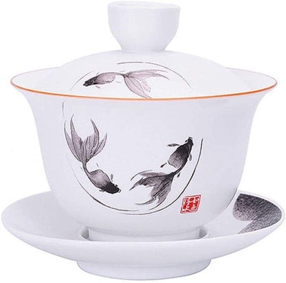 Porcelain Gaiwan 8oz Teacup White Tureen Chinese Cover Bowl Lip Cup Saucer Set