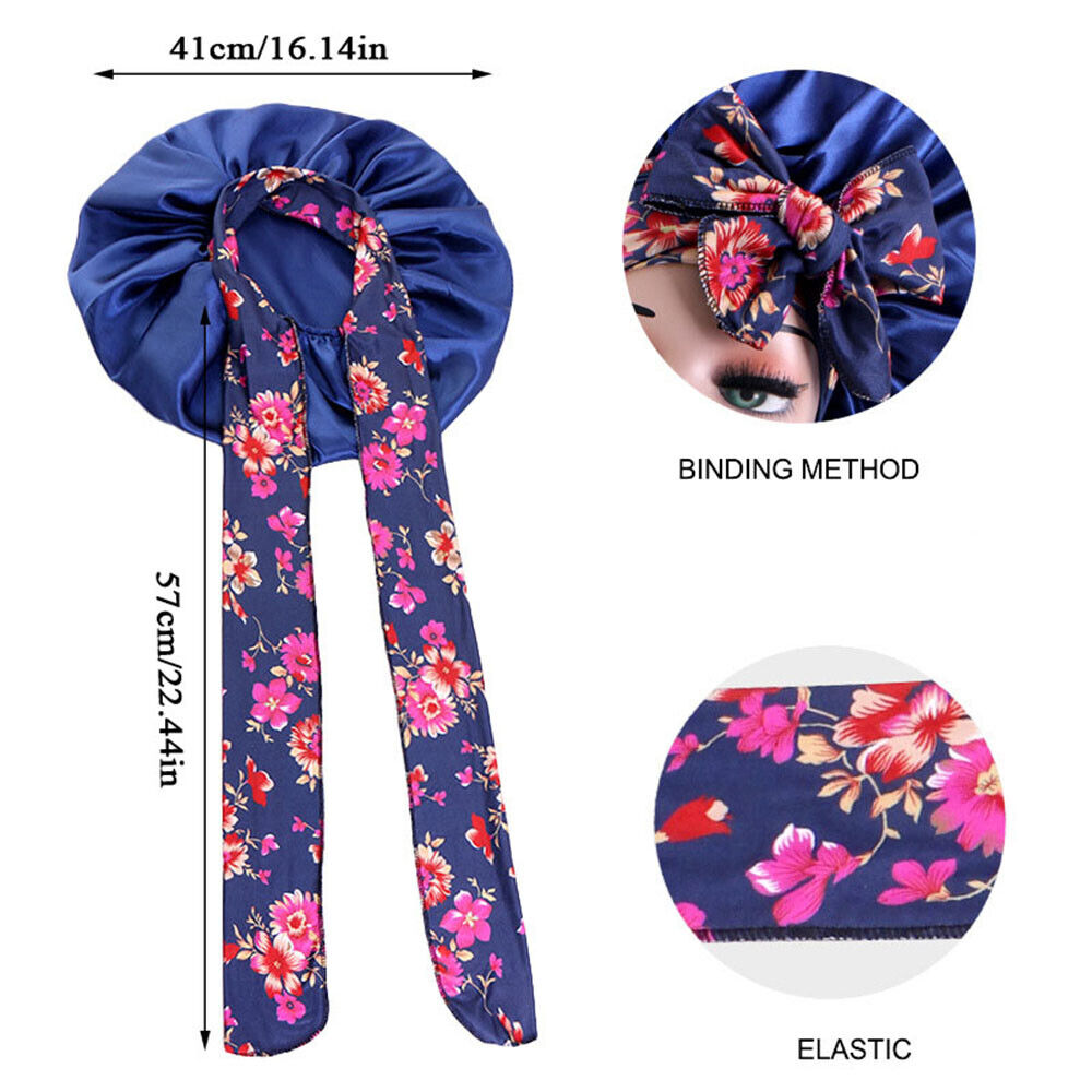 Women Large Double Layer Print Satin Bonnet Adjustable Shower Cap Bonnet Hat