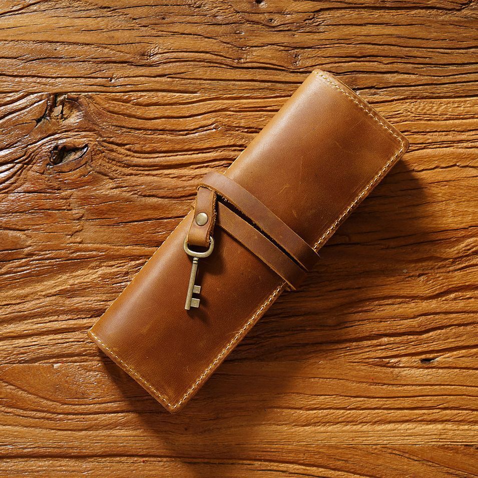 Pencil Case Genuine Leather Tie Rope W/Key Pen School Storage Bag Holder 20x18cm