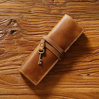 Pencil Case Genuine Leather Tie Rope W/Key Pen School Storage Bag Holder 20x18cm
