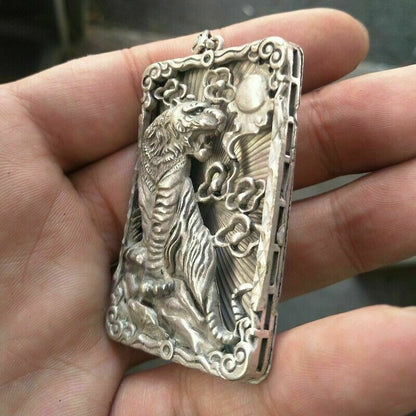 Tibet Silver Handmade Force Tiger Statue Amulet Necklace Pendant Gift Decoration