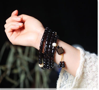Ebony 108 Bead Mala Bracelet Square Pendant Handheld Unisex Prayer Bead