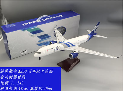 47CM 1:140 DELTA 100 YEARS AIRBUS A350 Airplane Led Sound Light Resin Model