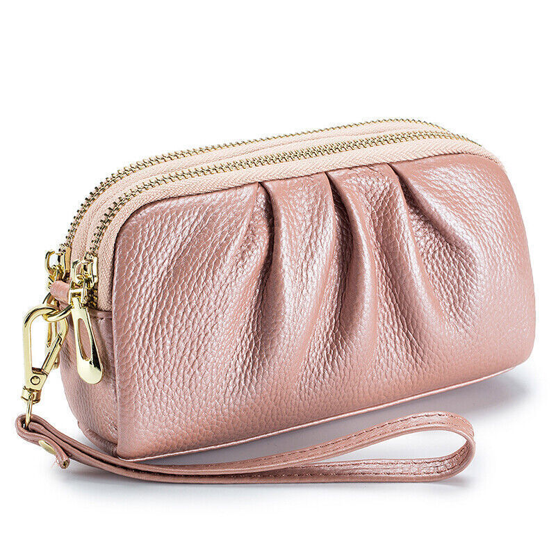 Women Hand Collar Leather Bag Zipper Large Capacity Cowhide Phone Clutch Wallet