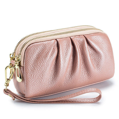 Women Hand Collar Leather Bag Zipper Large Capacity Cowhide Phone Clutch Wallet
