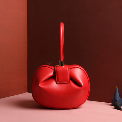 Real Leather Wonton Round Pouch Clutch Purse Top Handle Tote Handbag Grab Bag